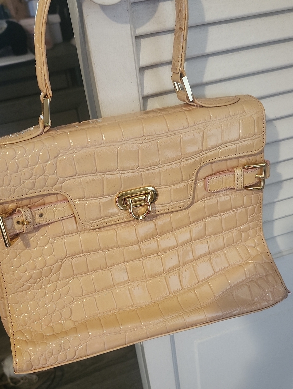 Croc-Embossed Top Handle Satchel in Light Beige with Gold Hardware